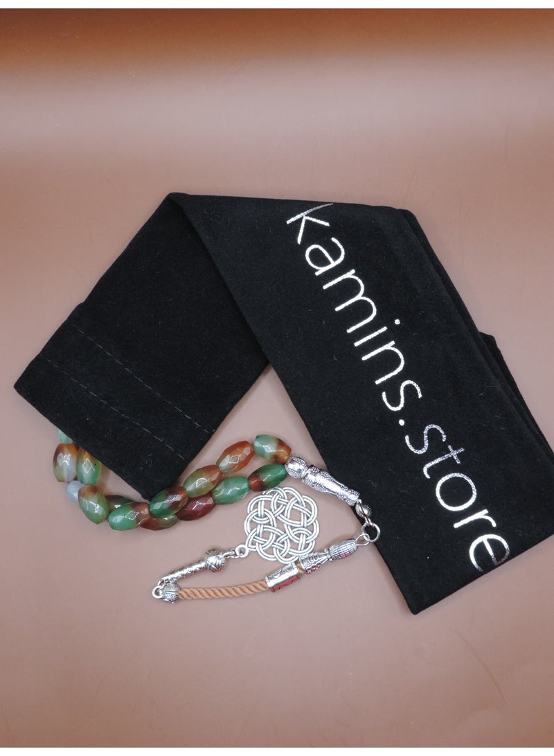 Kamins Collection Faceted Green & Orange Agate (Aqeeq) Tasbih/Prayer Beads/33beads - Image 1