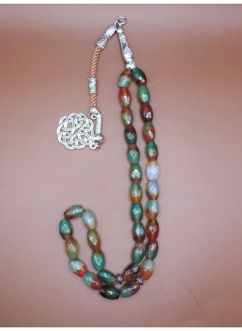 Kamins Collection Faceted Green & Orange Agate (Aqeeq) Tasbih/Prayer Beads/33beads - Image 2