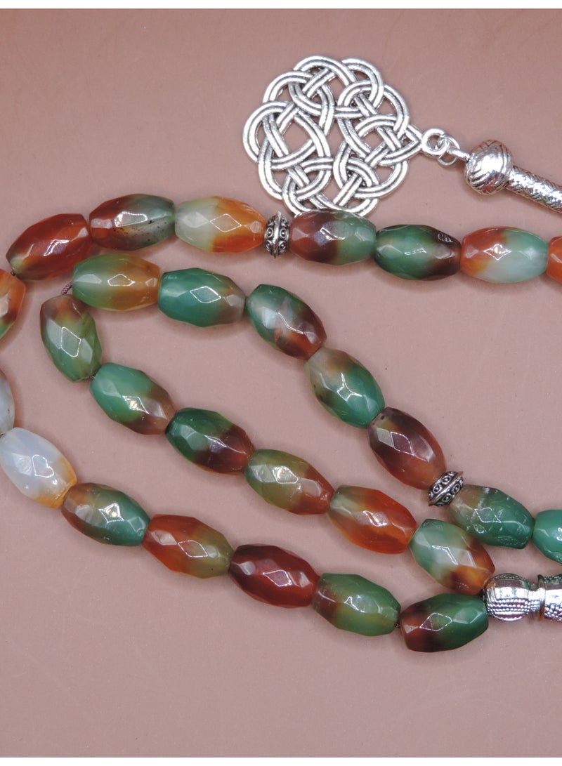 Kamins Collection Faceted Green & Orange Agate (Aqeeq) Tasbih/Prayer Beads/33beads - Image 3