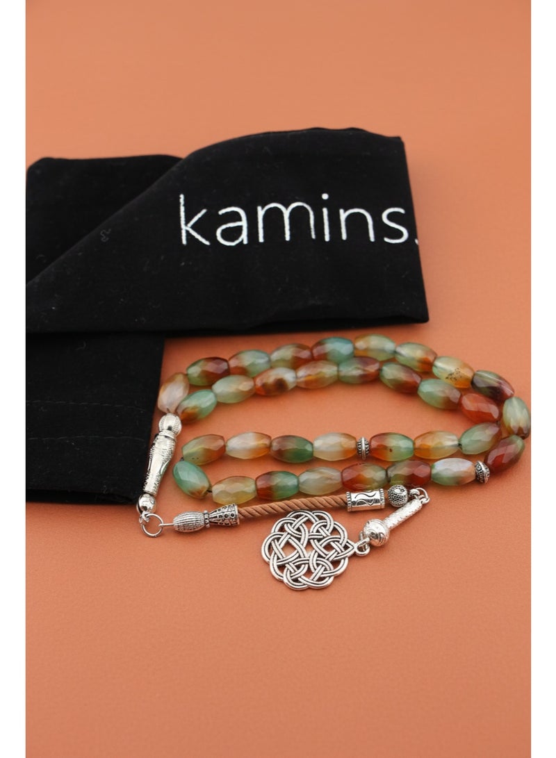 Kamins Collection Faceted Green & Orange Agate (Aqeeq) Tasbih/Prayer Beads/33beads - Image 1