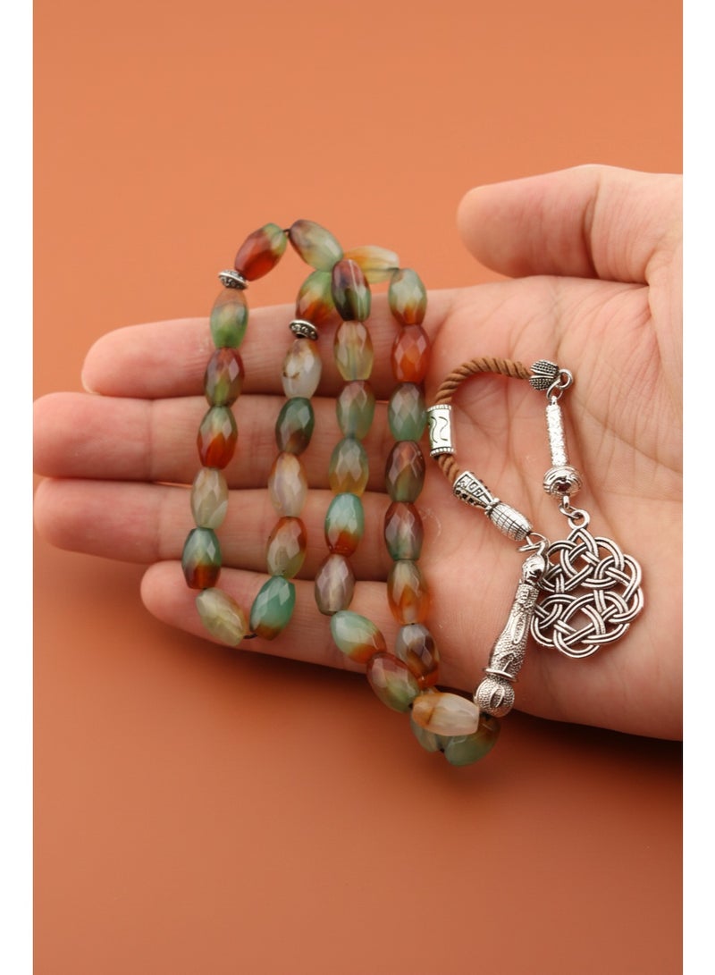 Kamins Collection Faceted Green & Orange Agate (Aqeeq) Tasbih/Prayer Beads/33beads - Image 3