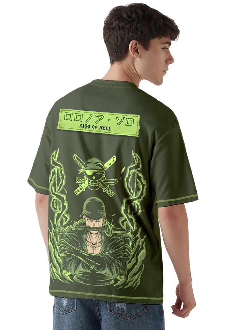crazymonk Zoro X King of Hell Oversized T-Shirt - Olive Green - S - Image 1