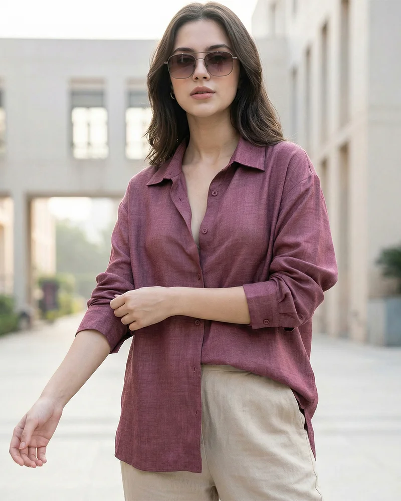 بيواكوف Women's Dark Mauve Textured Oversized Shirt