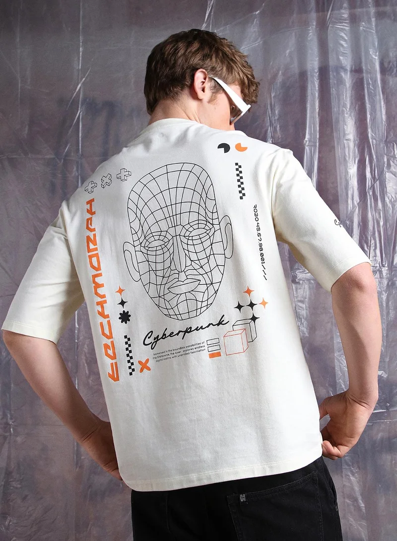 Hubberholme Men'S Off White 100% Cotton Printed Oversized T-Shirt