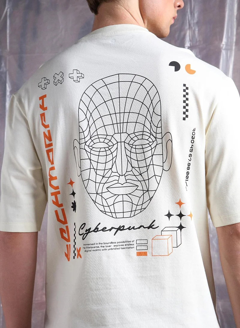 Hubberholme Men'S Off White 100% Cotton Printed Oversized T-Shirt