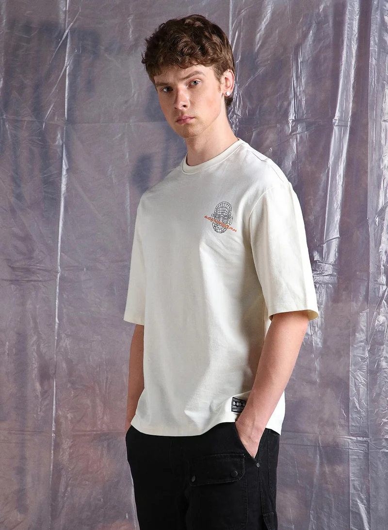 Hubberholme Men'S Off White 100% Cotton Printed Oversized T-Shirt