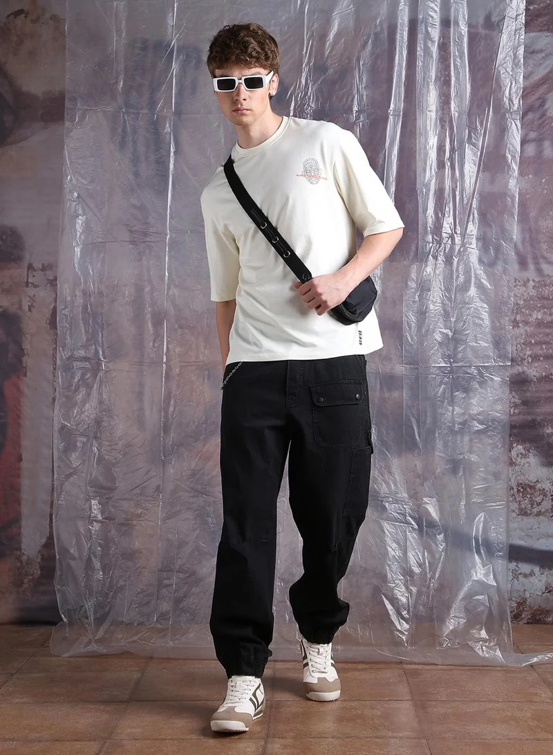 Hubberholme Men'S Off White 100% Cotton Printed Oversized T-Shirt