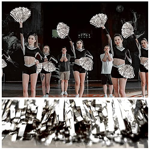 DILIBRA 24 Pcs Metallic Cheerleading Pom Poms, Cheerleaders Cheer Pom Poms with Baton Handle, Cheering Squad Hand Flower for Adults Team Spirit Sports Game Dancing Party (Sliver) - Image 3