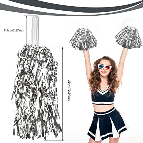 DILIBRA 24 Pcs Metallic Cheerleading Pom Poms, Cheerleaders Cheer Pom Poms with Baton Handle, Cheering Squad Hand Flower for Adults Team Spirit Sports Game Dancing Party (Sliver) - Image 2