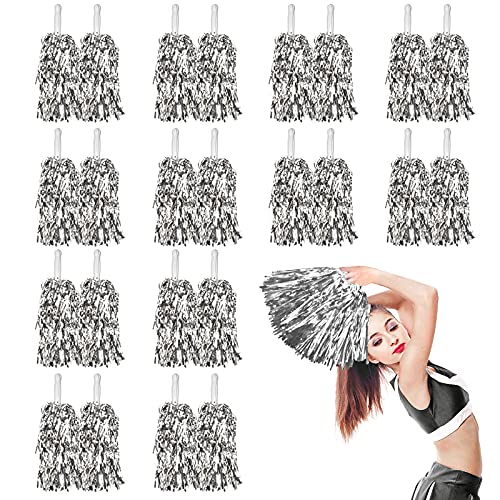 DILIBRA 24 Pcs Metallic Cheerleading Pom Poms, Cheerleaders Cheer Pom Poms with Baton Handle, Cheering Squad Hand Flower for Adults Team Spirit Sports Game Dancing Party (Sliver) - Image 1