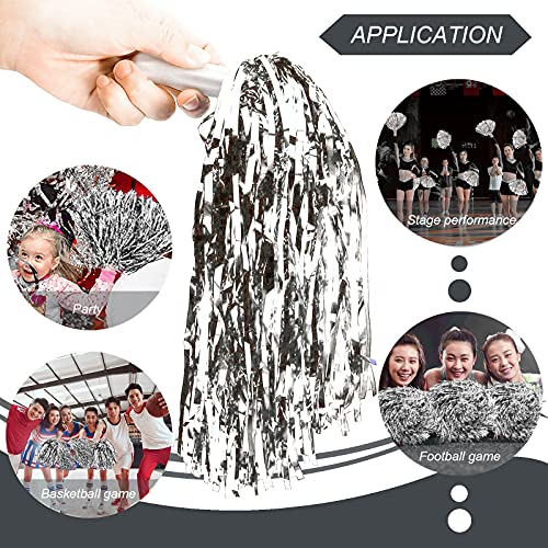 DILIBRA 24 Pcs Metallic Cheerleading Pom Poms, Cheerleaders Cheer Pom Poms with Baton Handle, Cheering Squad Hand Flower for Adults Team Spirit Sports Game Dancing Party (Sliver) - Image 4