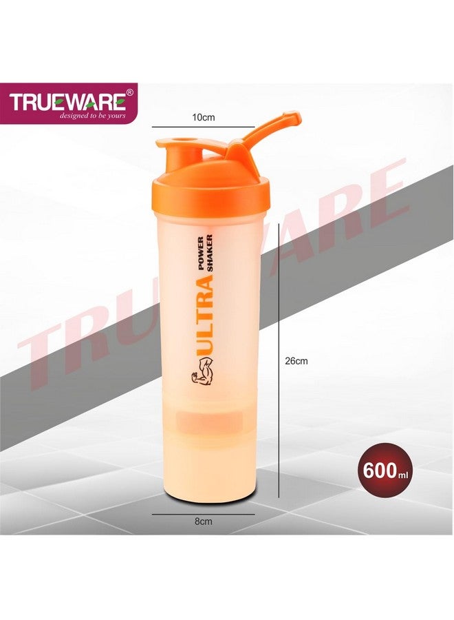 Trueware Trueware Ultra Power Gym Shaker (3+1) | Plastic | 600 ML With Extra Compartment | Orange | Leak Proof | Ideal for Protein | Preworkout and BCAAs, BPA Free | Ideal Workout Blender for Fitness Lovers - Image 2