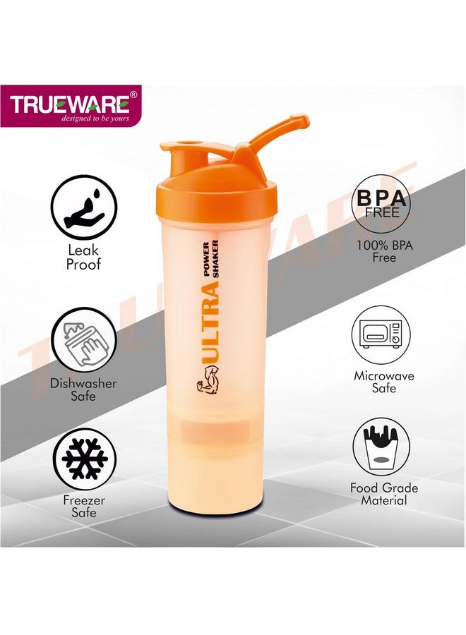 Trueware Trueware Ultra Power Gym Shaker (3+1) | Plastic | 600 ML With Extra Compartment | Orange | Leak Proof | Ideal for Protein | Preworkout and BCAAs, BPA Free | Ideal Workout Blender for Fitness Lovers - Image 4