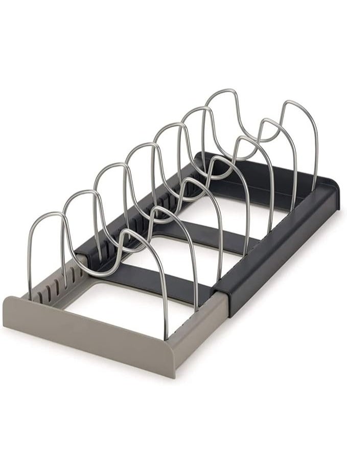 Pan Pot Lid Rack Organizer, Kitchen 7 Tiers Adjustable Stainless Steel Compartments Holder with 2 DIY Methods for Kitchen Cabinet and Counter Hanging Storage Shelf â€“ Expandable Length up to 22inches - Image 1