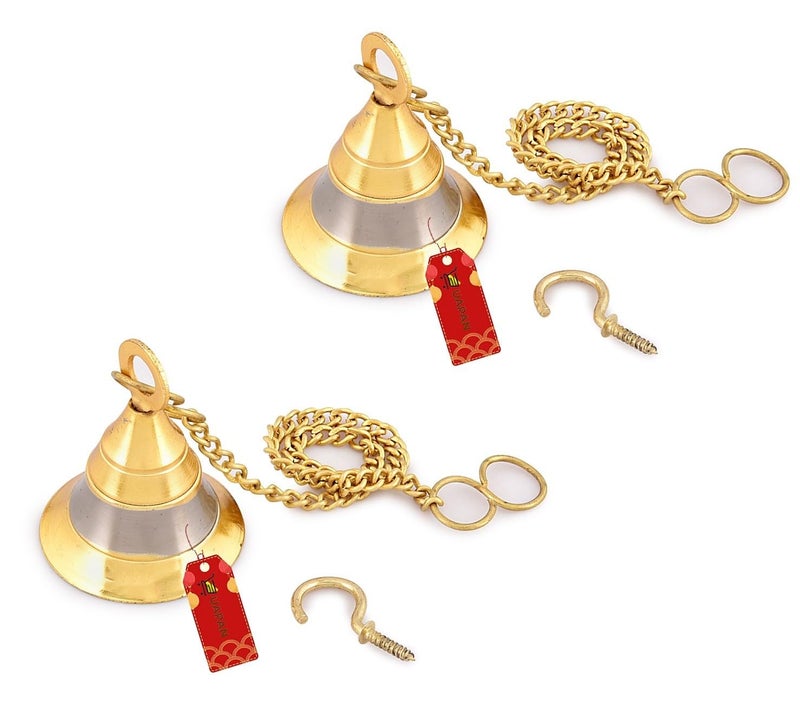 UAPAN Brass Silver Gold Wall Hanging Bell with Chain and Hanging Hook for Home Mandir Temple Decorative I Puja Room (Pack of 2 Nos) - Image 1