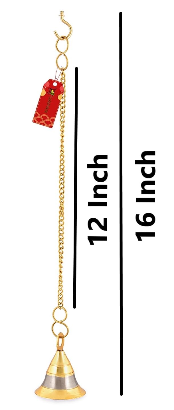 UAPAN Brass Silver Gold Wall Hanging Bell with Chain and Hanging Hook for Home Mandir Temple Decorative I Puja Room (Pack of 2 Nos) - Image 3