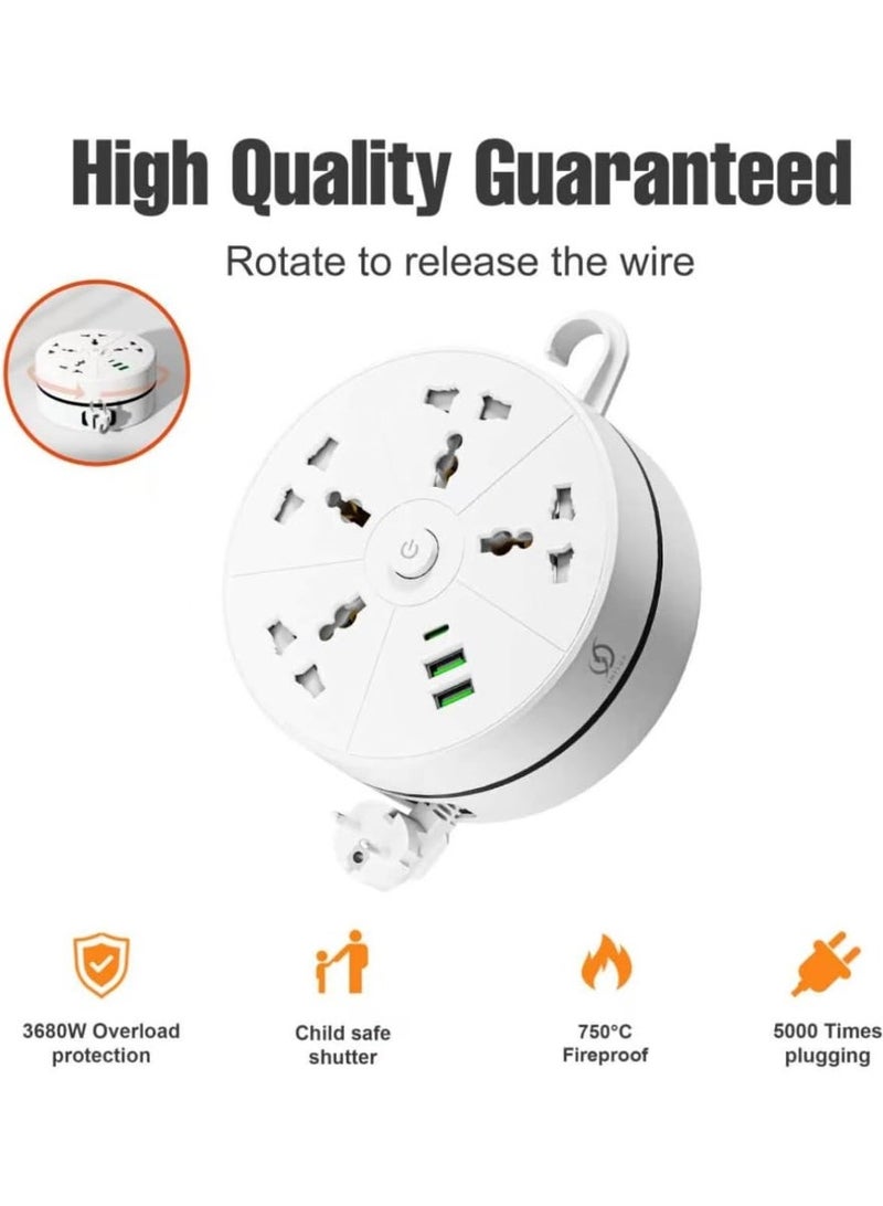 INFLUX Retractable Extension cord 4 Outlet 3 Meter with 2 USB Ports & Type-C Charging – Universal Power Strip with Surge Protection, Compact Cable Reel for Home, Office & Travel - Image 5