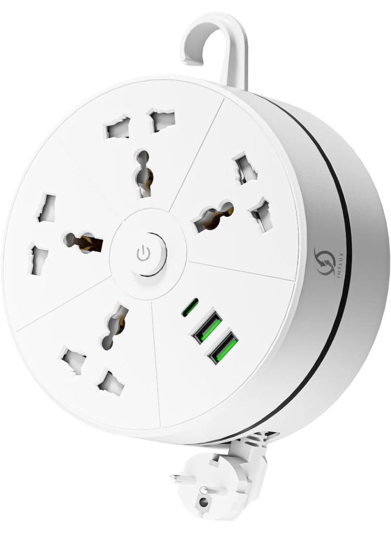 INFLUX Retractable Extension cord 4 Outlet 3 Meter with 2 USB Ports & Type-C Charging – Universal Power Strip with Surge Protection, Compact Cable Reel for Home, Office & Travel - Image 1