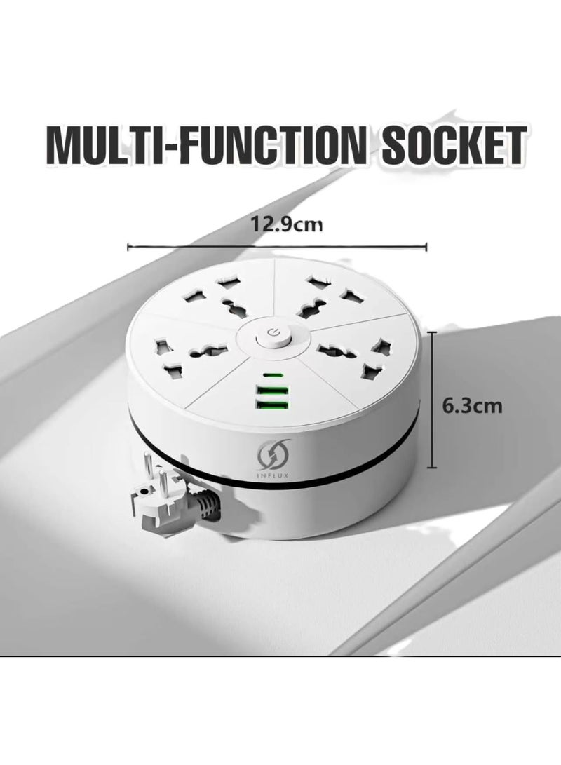 INFLUX Retractable Extension cord 4 Outlet 3 Meter with 2 USB Ports & Type-C Charging – Universal Power Strip with Surge Protection, Compact Cable Reel for Home, Office & Travel - Image 3