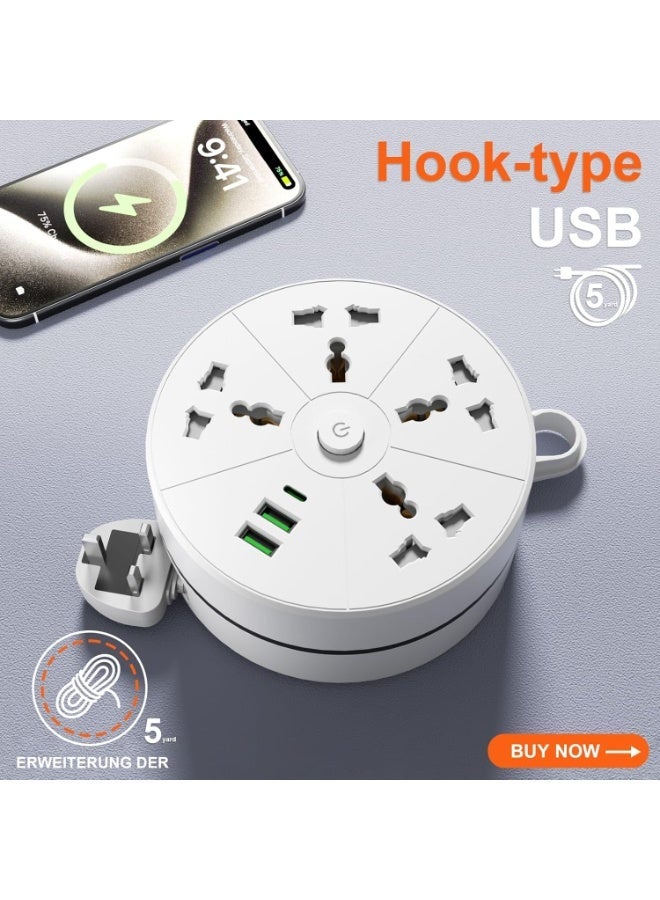 INFLUX Retractable Extension cord 4 Outlet 3 Meter with 2 USB Ports & Type-C Charging – Universal Power Strip with Surge Protection, Compact Cable Reel for Home, Office & Travel - Image 2