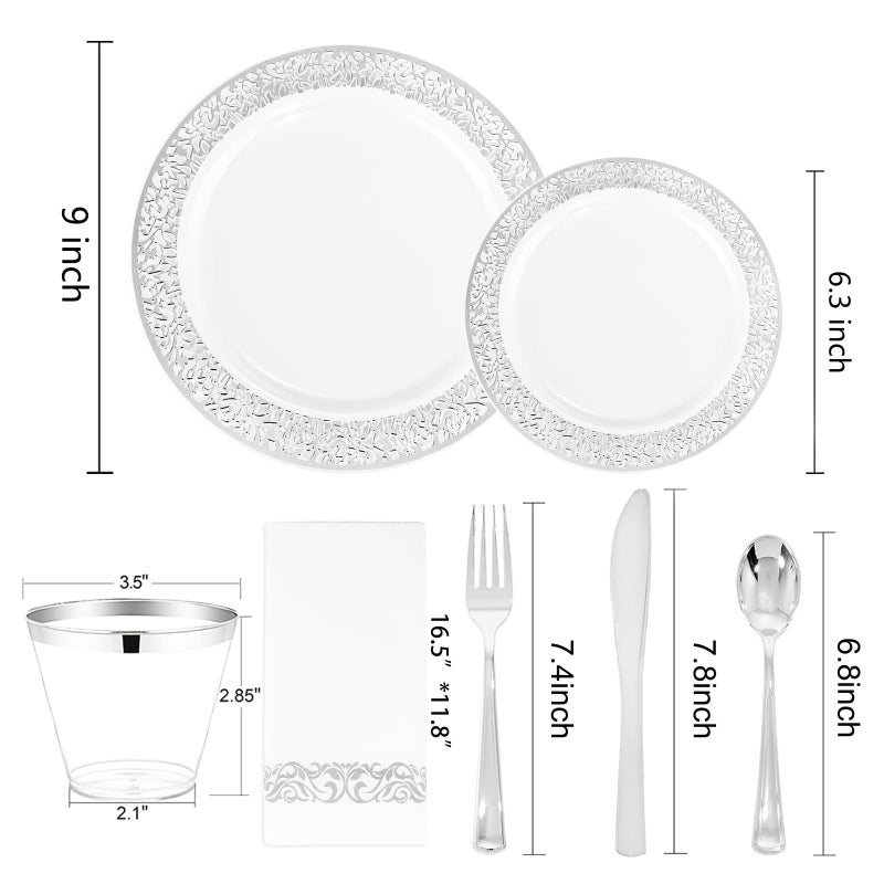 WELLIFE 210pcs Dinnerware Set - Silver Rimmed Plastic Plates Disposable Heavy Duty  Disposable Plastic Plates with Silver Rim  Water-proof  Break-proof  Best Choice for Any Party - Image 4