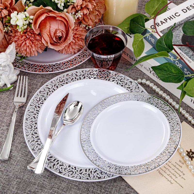 WELLIFE 210pcs Dinnerware Set - Silver Rimmed Plastic Plates Disposable Heavy Duty  Disposable Plastic Plates with Silver Rim  Water-proof  Break-proof  Best Choice for Any Party - Image 2