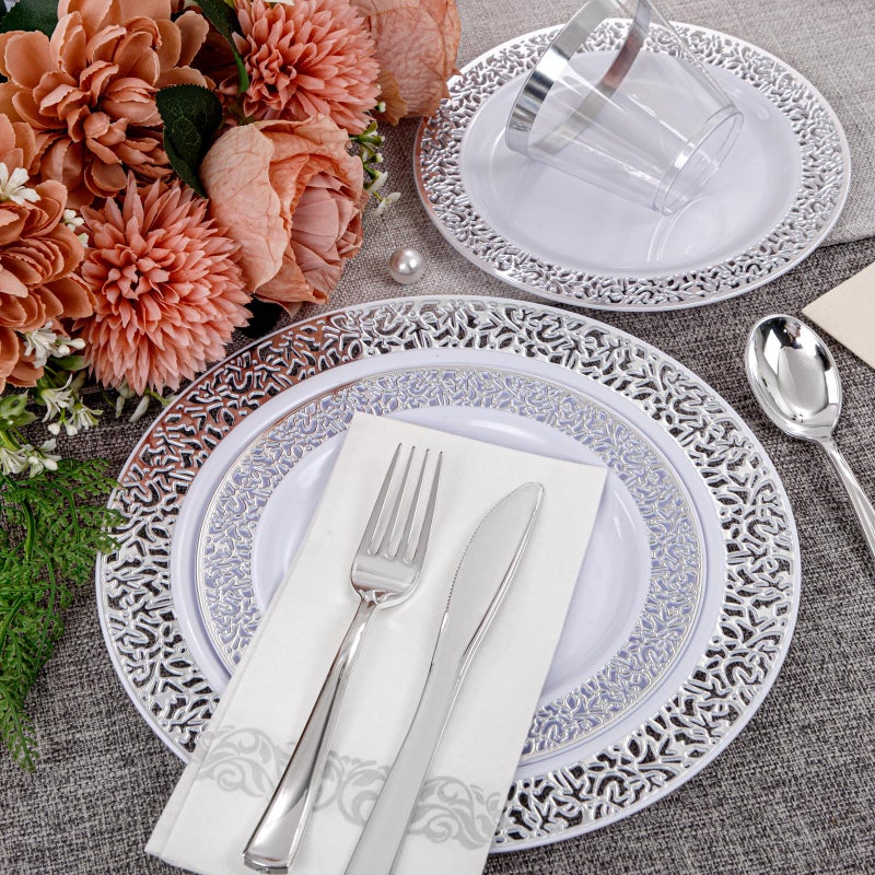 WELLIFE 210pcs Dinnerware Set - Silver Rimmed Plastic Plates Disposable Heavy Duty  Disposable Plastic Plates with Silver Rim  Water-proof  Break-proof  Best Choice for Any Party - Image 3