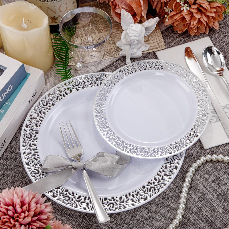 WELLIFE 210pcs Dinnerware Set - Silver Rimmed Plastic Plates Disposable Heavy Duty  Disposable Plastic Plates with Silver Rim  Water-proof  Break-proof  Best Choice for Any Party - Image 1