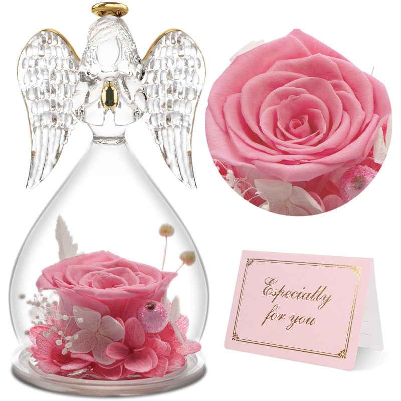 Yamonic Mom Birthday Gifts for Mom Angel Figurines with Real Rose Gifts for Her Mom GrandmaPreserved Flowers Rose Angel Figurines for Mothers Day Christmas Anniversary Birthday Gifts for Her Pink