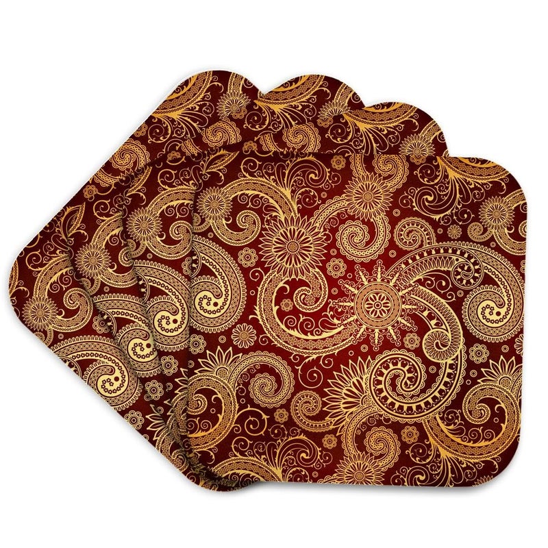 3dRose Pattern, Print Burgundy and Gold - Soft Coasters, Set of 4 (CST_212005_1) , Red - Image 1