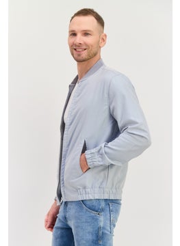 Asos Design Men Long Sleeve Textured Bomber Jacket, Dusty Blue  - Image 2