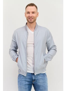 Asos Design Men Long Sleeve Textured Bomber Jacket, Dusty Blue  - Image 1