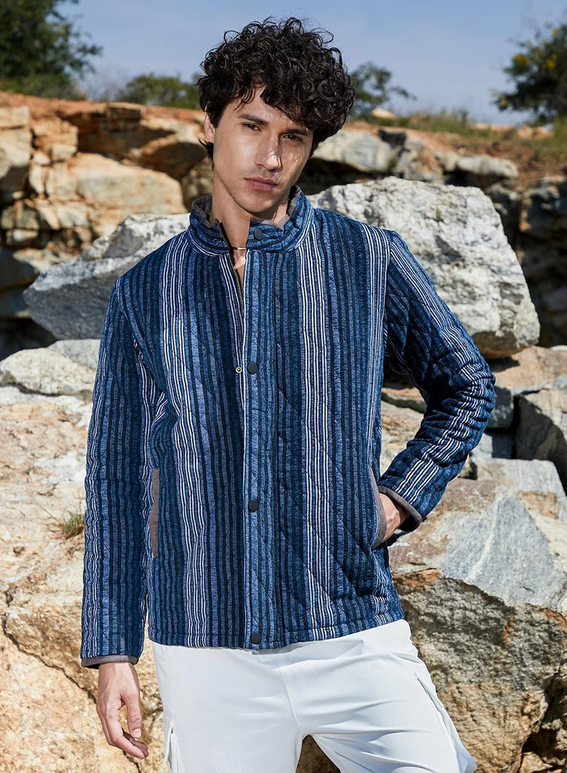 Campus Sutra Men's Black & Prussian Blue Striped Quilted Bomber Jacket For Casual Wear | High Neck | Long Sleeve | Zipper Closure | Cotton Poly Jacket Crafted With Comfort Fit For Everyday Wear