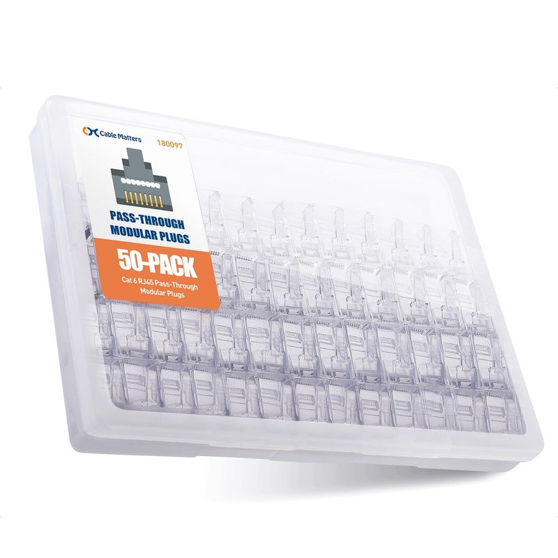 Cable Matters 50-Pack Cat 6 Pass Through RJ45 Connectors, 50Âµ Gold Plated (Cat 6 Ends / Cat6 Connector /RJ45 Modular Plugs/Ethernet Plugs/Network Connector) for Solid or Stranded UTP Ethernet Cable - Image 1