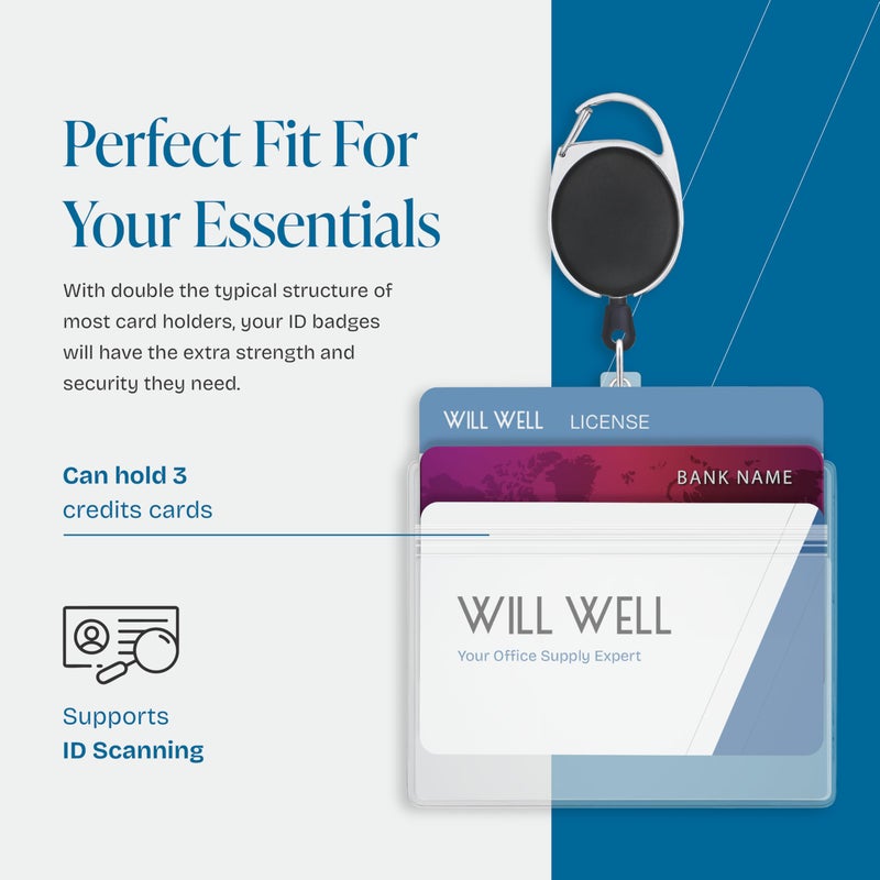 Will Well ID Badge Holders with Clip and Keyring - Horizontal Clear Plastic 2.52" x 3.58" Sleeves Fit Up to 3 Cards - Retractable 24" UHMWPE Fiber Pull Cords for Easy Access - 2-Pack, Black Reels - Image 3