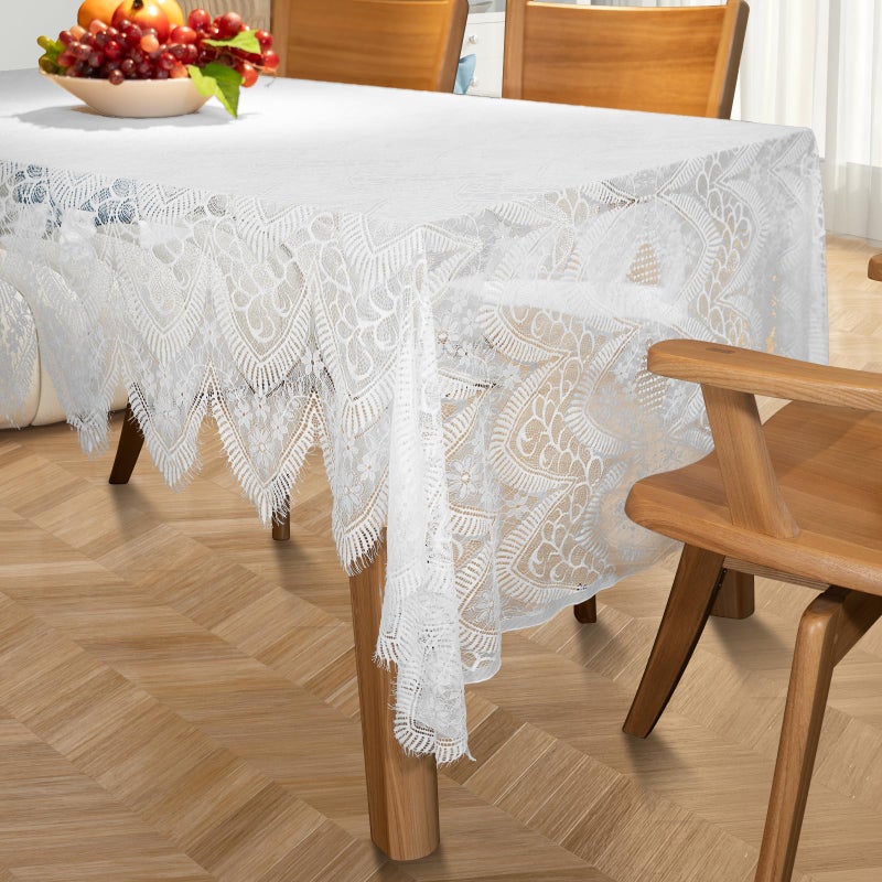 FWFFWF White Lace Tablecloth - 60x120 Inch Vintage Embroidered Rectangular Overlay for Weddings, Rustic Fall Tea Parties, and Home Decor (White) - Image 1