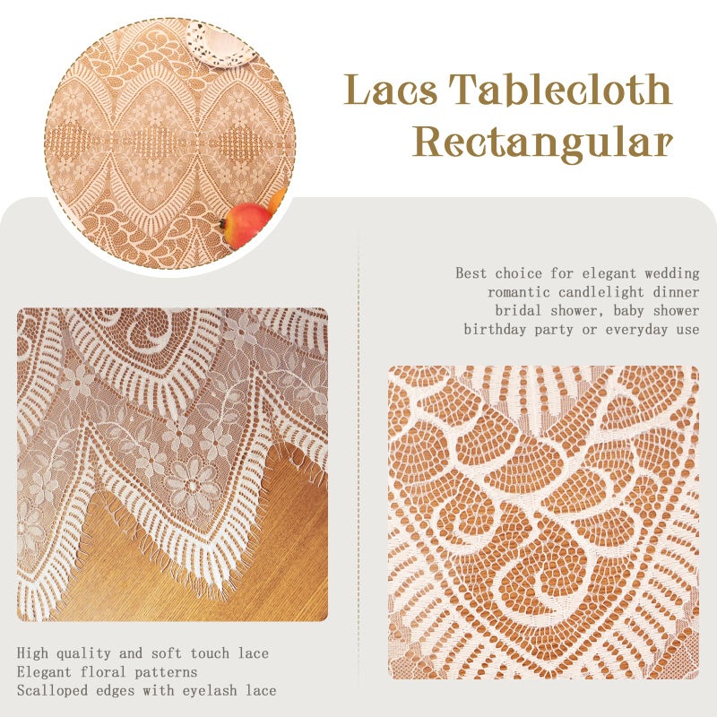 FWFFWF White Lace Tablecloth - 60x120 Inch Vintage Embroidered Rectangular Overlay for Weddings, Rustic Fall Tea Parties, and Home Decor (White) - Image 2