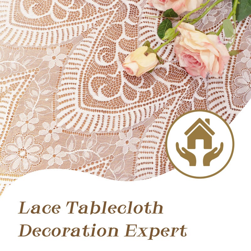 FWFFWF White Lace Tablecloth - 60x120 Inch Vintage Embroidered Rectangular Overlay for Weddings, Rustic Fall Tea Parties, and Home Decor (White) - Image 3