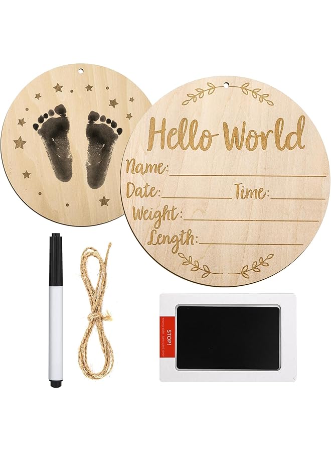 erorex Baby Birth Announcement Sign Wooden Baby Birth Sign With Marker Pen And Ink Pad Double Sided Boho Sun Newborn Announcement Sign For Baby Hand And Footprints Baby Shower Keepsake - Image 1