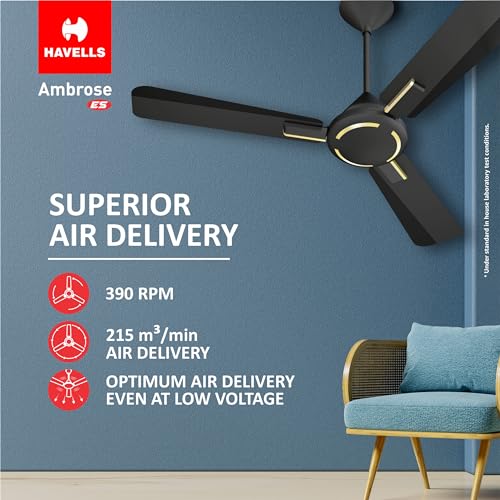Havells 1200mm Ambrose Energy Saving High Speed Ceiling Fan|Premium Finish, Deco.Fan, Elegant Looks, High Air Delivery, 100% Pure Copper Motor|2 Yr Warranty by Brand | (Pack of 1, Midnight) - Image 3