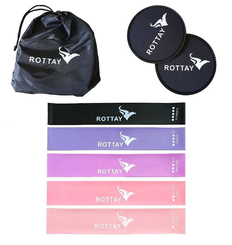 ROTTAY 5 Resistance Loop Bands & 2 ABS Workout Core Sliders for Squats, Stretching, Strength Training Exercises, Hips, Glutes with Storage Bag(Material: Natural Rubber) - Image 1