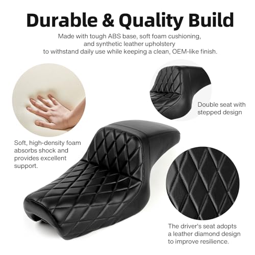 DREAMIZER Sportster Seat,Black Two-up Seat Stepped Type Driver Passenger Seat Compatible with Harley Iron XL883 XL1200 (2004-2006)&(2010-2022) Suitable for 2.3-3.3 GAL (Black Half Diamond) - Image 3