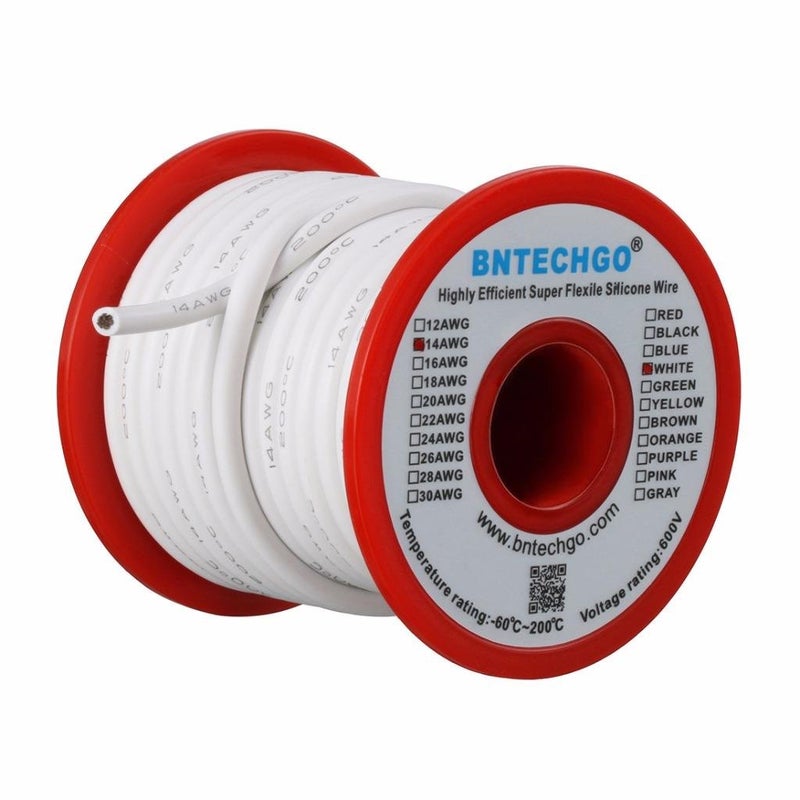 BNTECHGO بكرة سلك سيليكون 14 قياس BNTECHGO بطول 25 قدم أبيض مرن 14 AWG سلك نحاسي معزول بالتين - Image 1