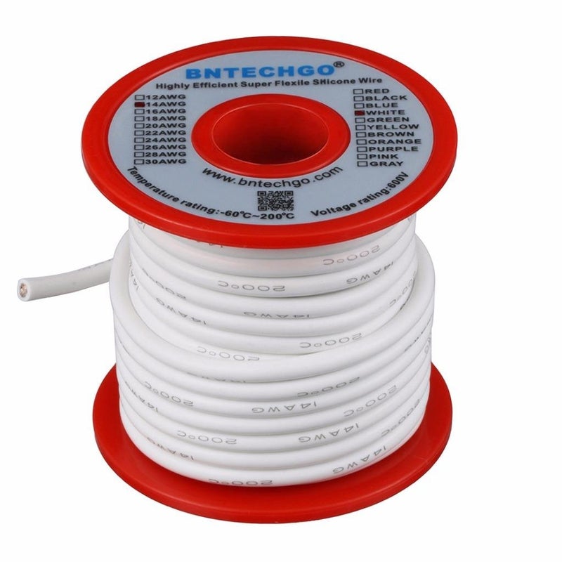 BNTECHGO بكرة سلك سيليكون 14 قياس BNTECHGO بطول 25 قدم أبيض مرن 14 AWG سلك نحاسي معزول بالتين - Image 2