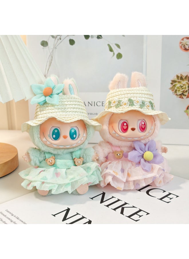 Generic - Labubu LABUBU Sit Party Second Generation Vinyl Doll Clothes Summer Straw Hat With Sling Dress-Specifications:First Generation And Second Generation Pull Cloth Pendant Wear-Color:Green Love Skirt + Small Flower Hair Accessories (excluding Baby) - Image 1