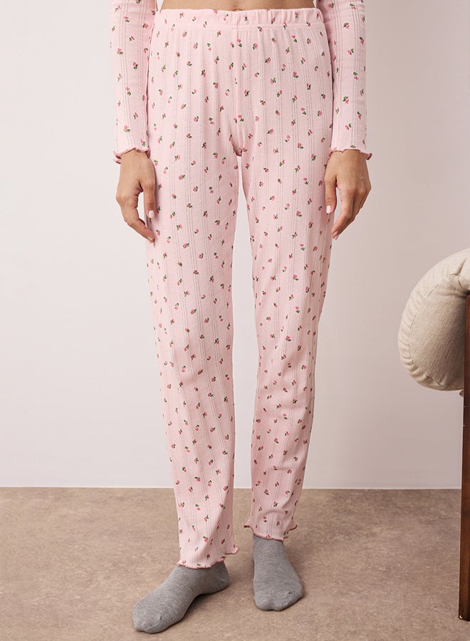 trendyol Pink 100% Cotton Floral Ribbon/Bow Ribbed/Pointel Knitted Pajamas Set - Image 3