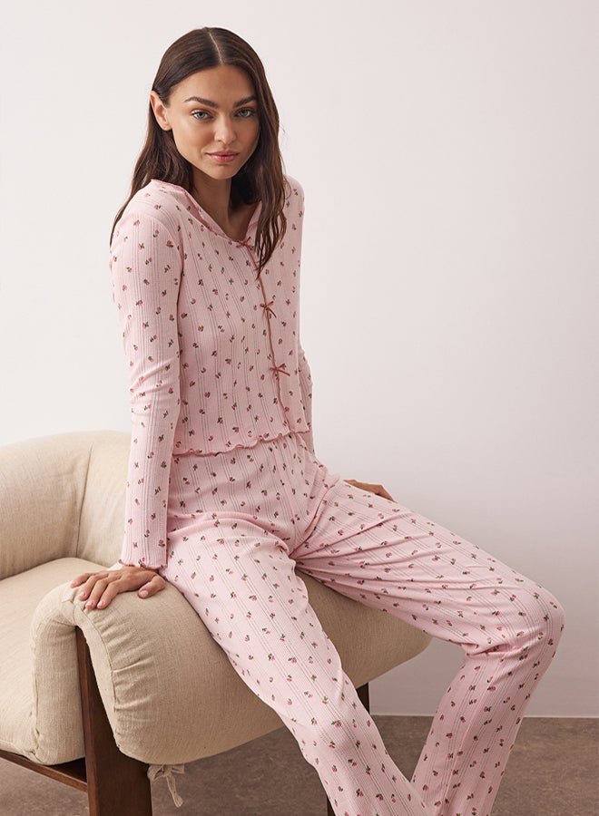 trendyol Pink 100% Cotton Floral Ribbon/Bow Ribbed/Pointel Knitted Pajamas Set - Image 1