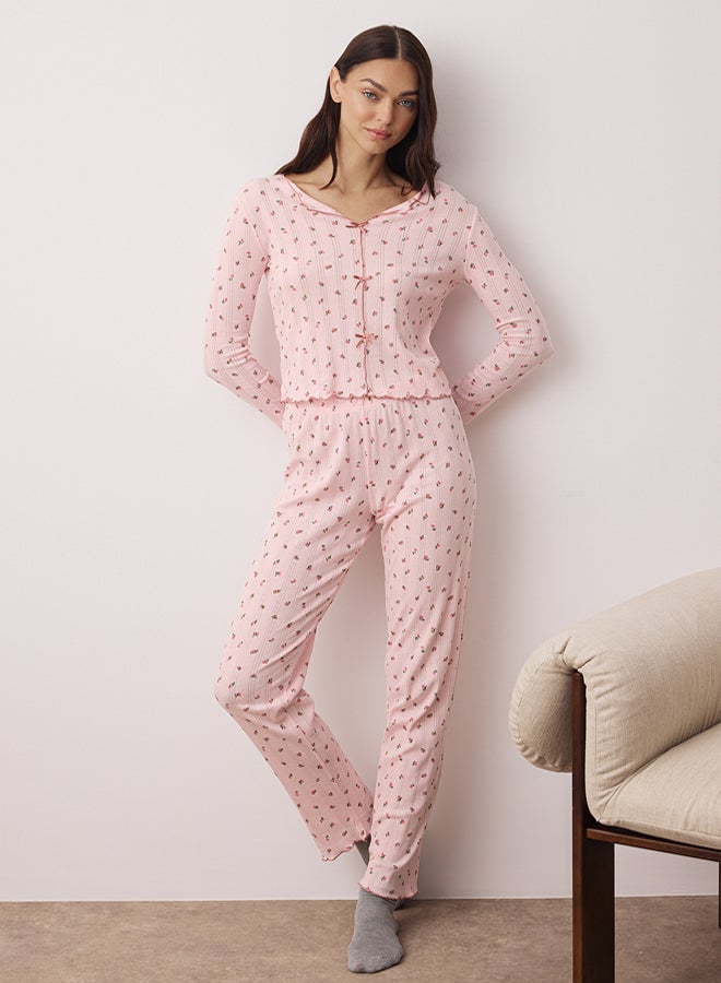 trendyol Pink 100% Cotton Floral Ribbon/Bow Ribbed/Pointel Knitted Pajamas Set - Image 2