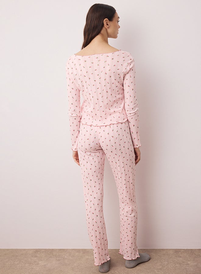 trendyol Pink 100% Cotton Floral Ribbon/Bow Ribbed/Pointel Knitted Pajamas Set - Image 4