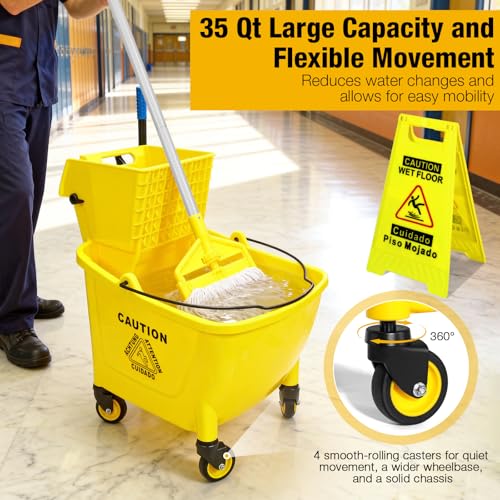 SOBONNE 35 Qt Commercial Mop Bucket with Side Press Wringer on Wheels,Heavy Duty Industrial Mop and Bucket Set for Floor Cleaning,Including 1 Wet Floor Caution Sign for Household and Business,Yellow - Image 3